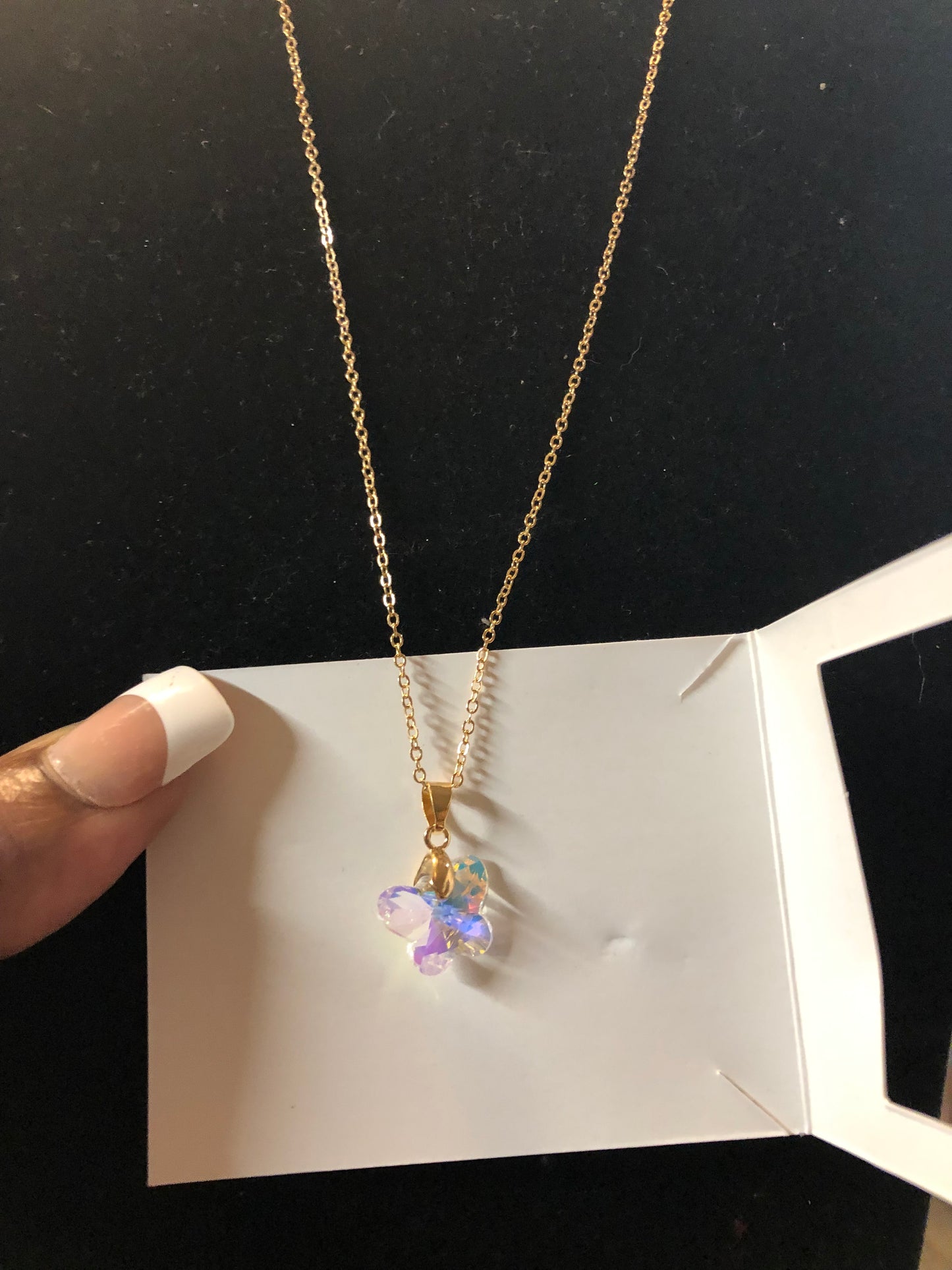 Woman Fashion Crystal Clear Tricolor Butterfly Necklace On A Gold Chain. Great For Someone Special.