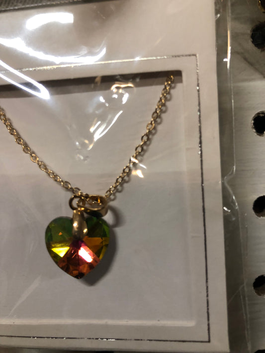 Woman Crystal Heart Light Green Tricolor Necklace  On A Gold Chain. " Great Valentine Day Gift"