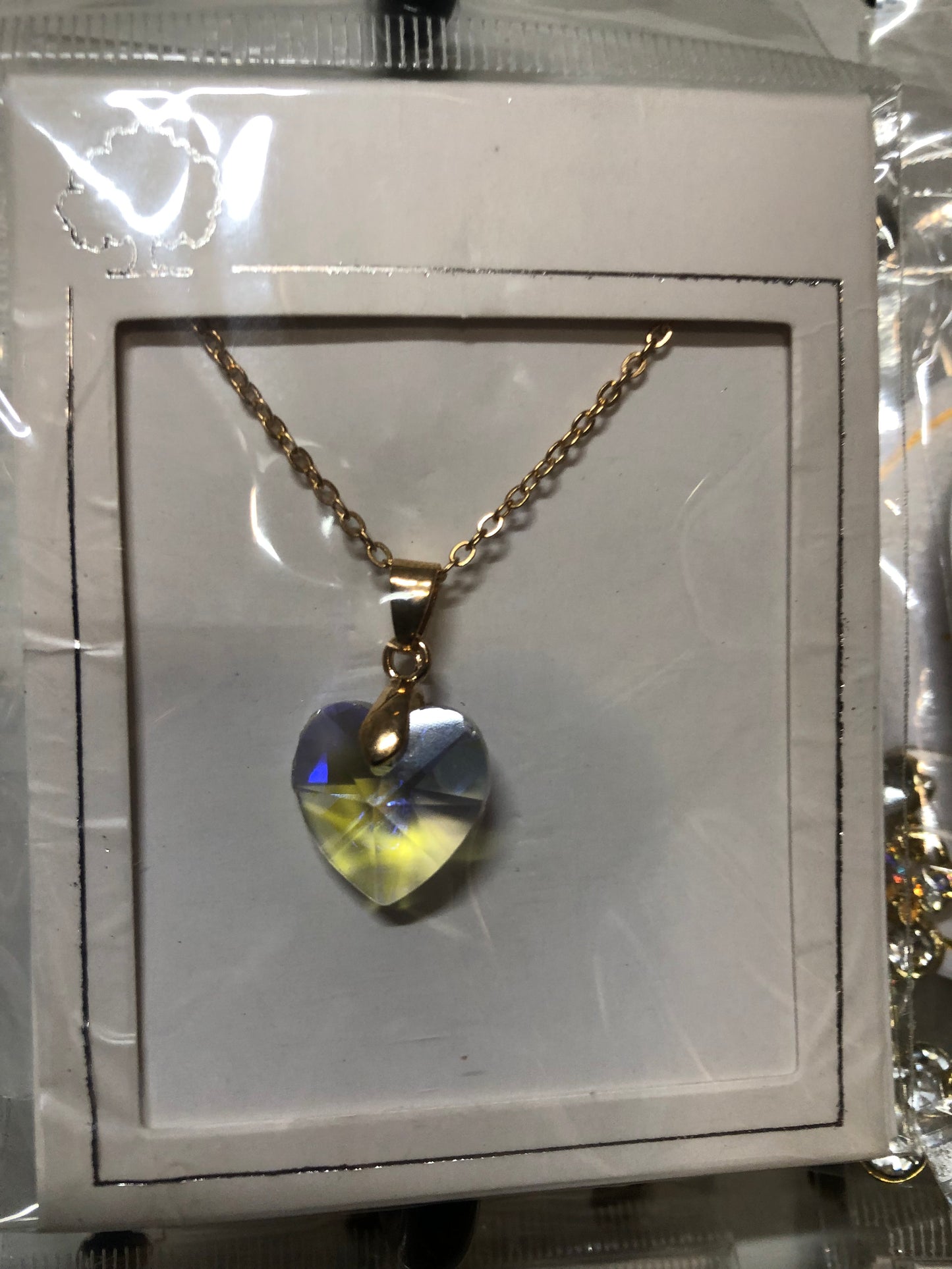 Woman Fashion CrystalHeart  Light Yellow Tricolor Necklace On A Gold Chain."Great Valentine Day Gift"