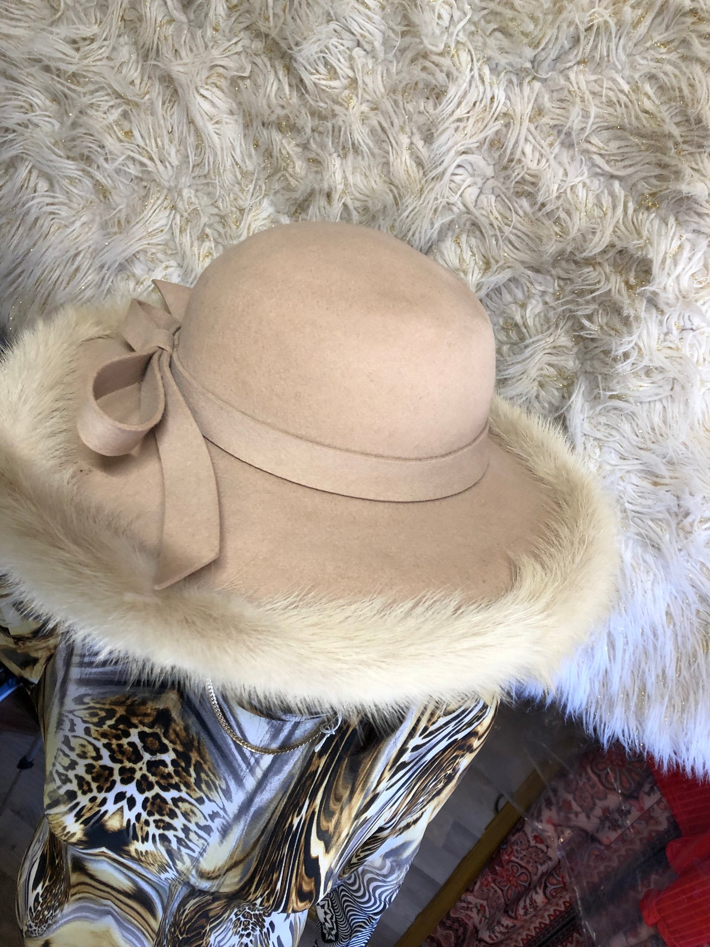 Woman Glamorous Wide Brim 100% Ultra Wool Mink Trim Hat By: Mr. John Jr. "New Fall Arrival"