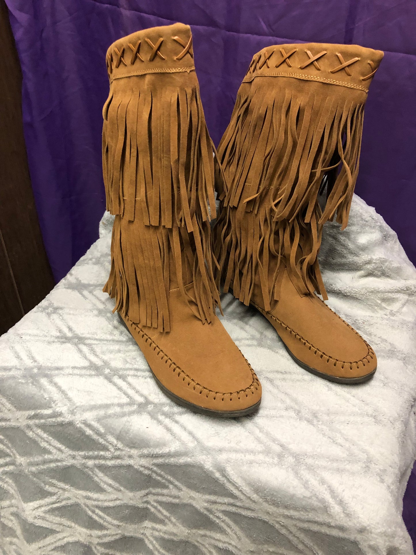 Woman Fringe Boots HLO Mid Calf By: Rampage Color Light Brown(Chest-nut)Size 9.5M