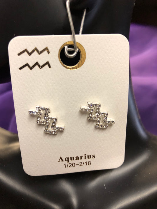 Woman Fashion Postback Earrings Zodiac Sign "Aqurious" Color "SILVER"