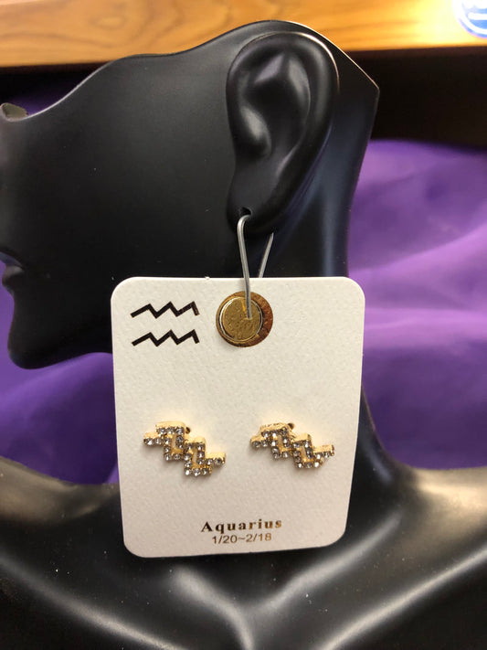 Woman Fashion Postback Earrings Zodiac Sign "Aqurious" Color Gold