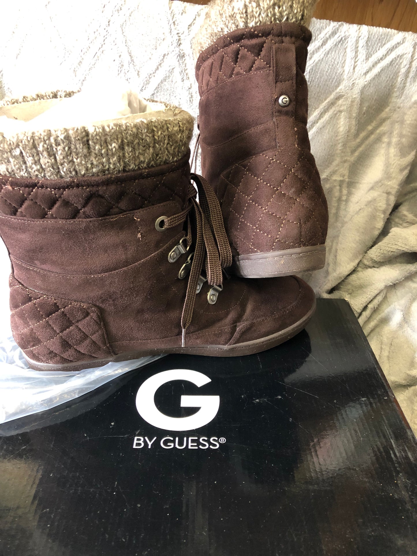 G Boots By Guess Dark Bown Multi Fabric Puck Combat Boots Size 9.5" New Fall Arrival"