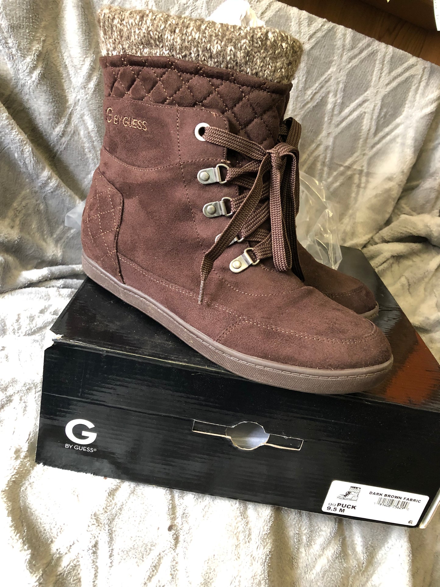 G Boots By Guess Dark Bown Multi Fabric Puck Combat Boots Size 9.5" New Fall Arrival"