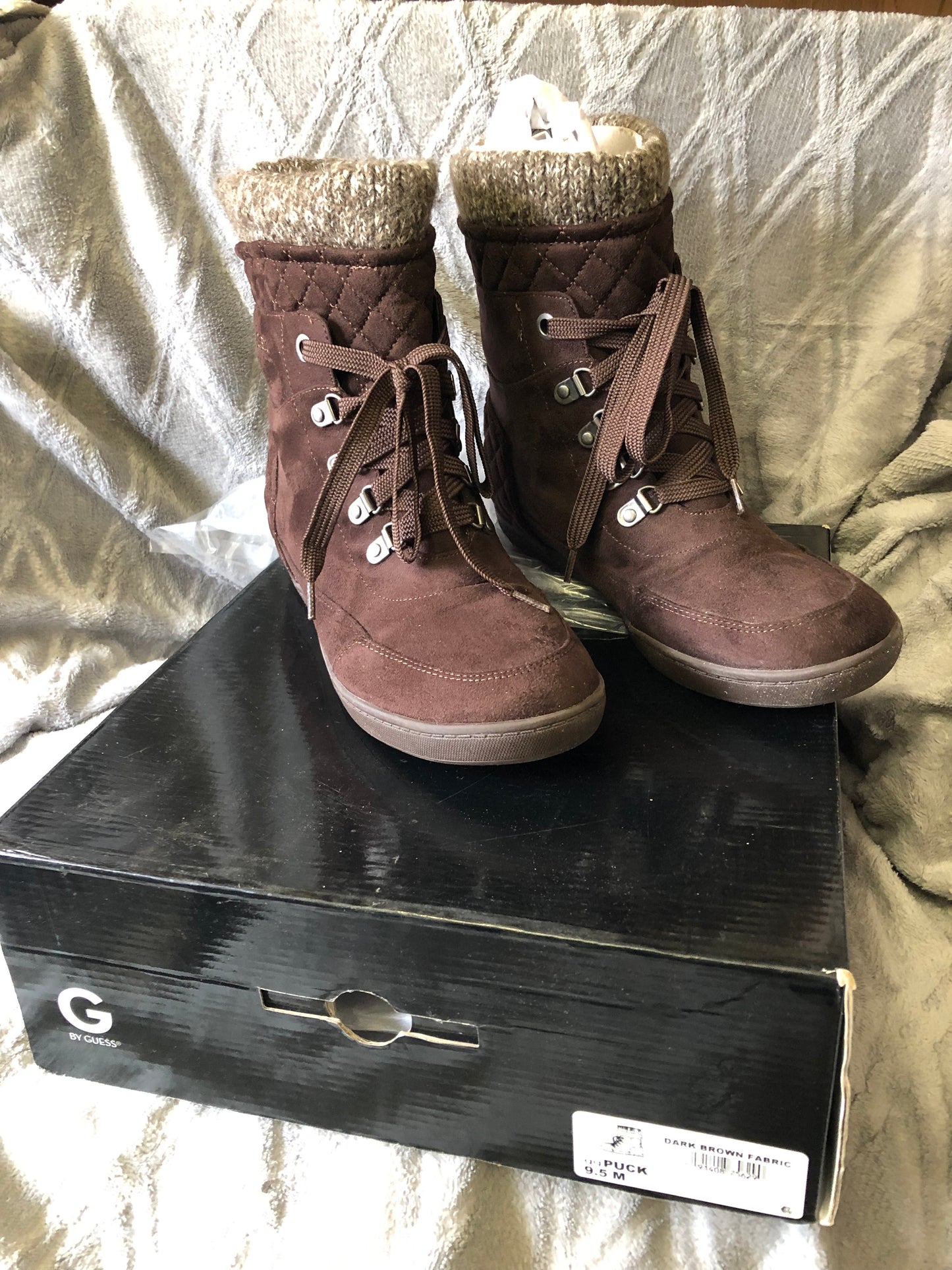 G Boots By Guess Dark Bown Multi Fabric Puck Combat Boots Size 9.5" New Fall Arrival"