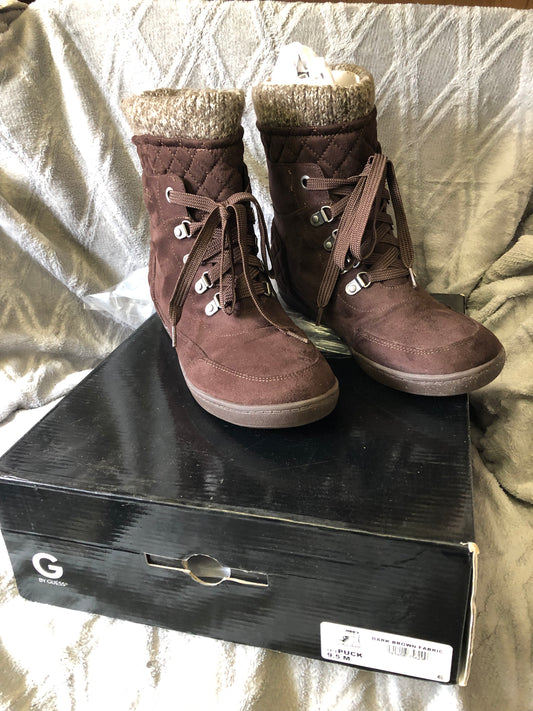 G Boots By Guess Dark Bown Multi Fabric Puck Combat Boots Size 9.5" New Fall Arrival"
