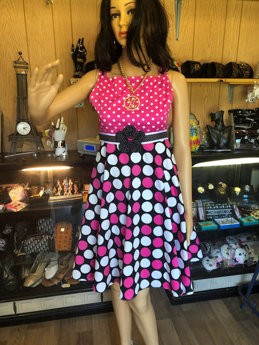 Young Girls Beautiful T-Strap Sun Dress Size 16 Multicolor Polkadot Pink/Blk And White. "Memorial Day Sale"